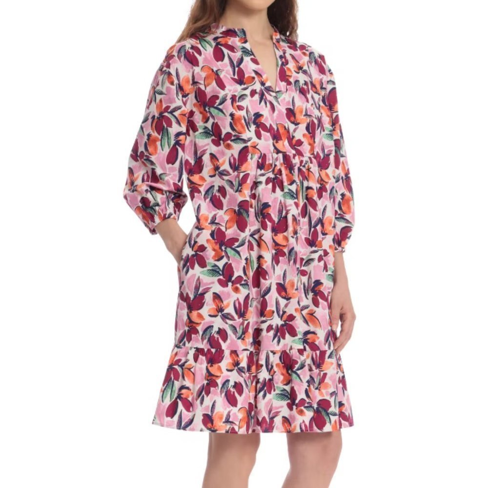 Donna Morgan Dress Womens 14 Floral Puff Sleeve Cotton Pullover Pockets